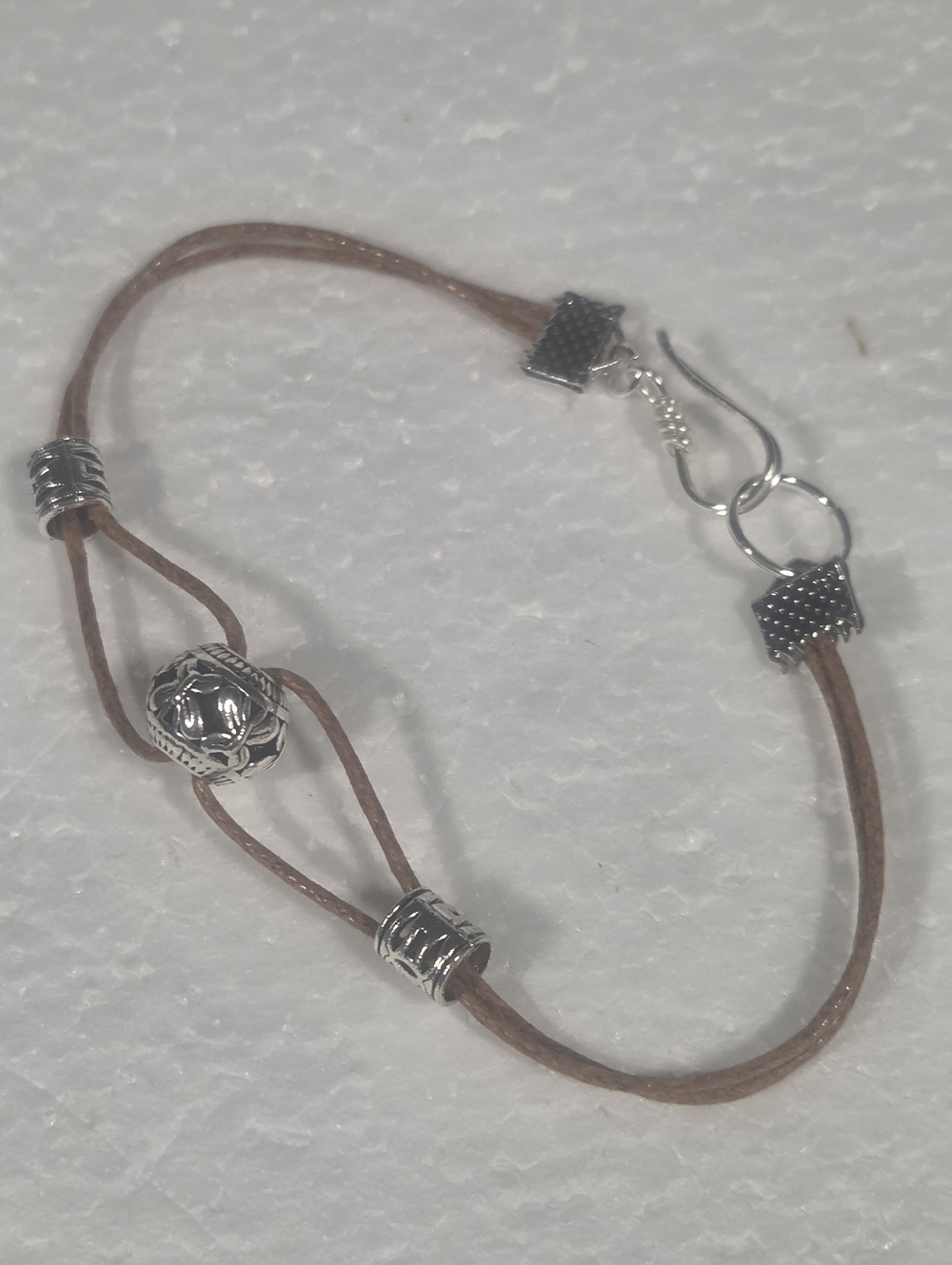 Brown Leather Cord Bracelet with Silver Beads